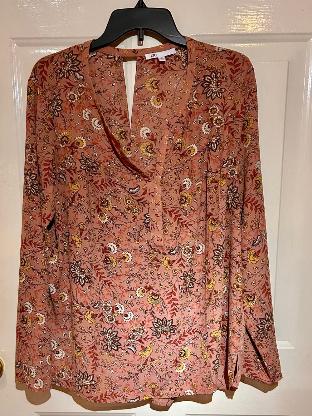 DKNY Rose Floral V-Neck Long Sleeve Blouse